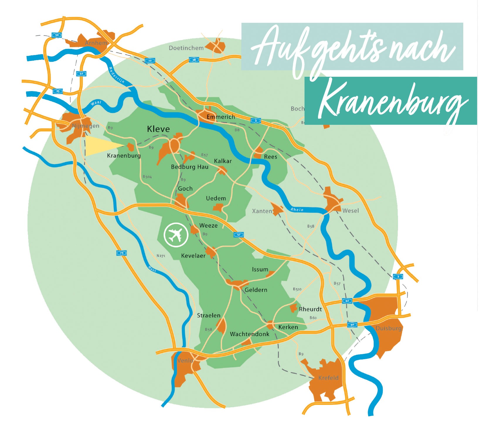 Anfahrtsplan "Auf geht's nach Kranenburg" mit Kranenburg und angrenzenden Kommunen