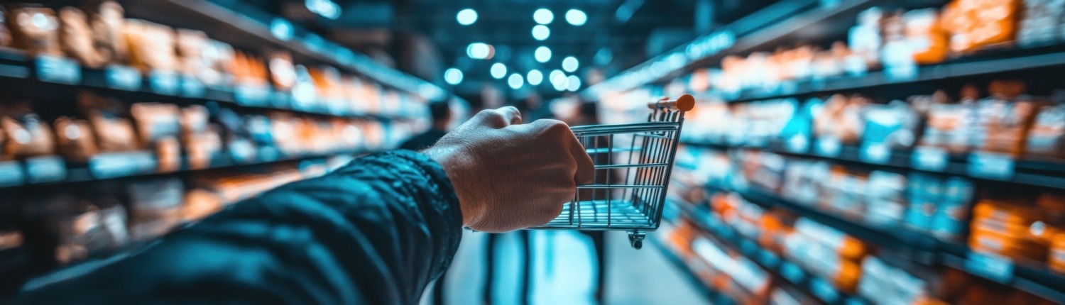 Blick aus der Ich-Perspektive durch die Gänge eines gut beleuchteten Supermarkts mit voll bestückten Regalen. Im Vordergrund hält eine Hand einen kleinen Einkaufswagen. In der Bildmitte steht der Text: ‚Wo Einkaufen zum Erlebnis wird‘.