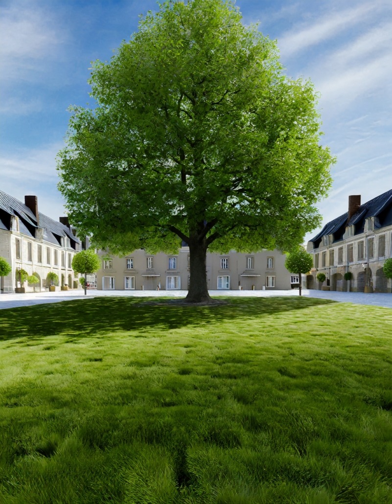 Großer, alter Laubbaum steht im Zentrum eines gepflegten Platzes, umgeben von symmetrisch angeordneten, eleganten Gebäuden mit heller Fassade. Der grüne Rasen und die kleinen Kugelbäume betonen die Gartenstadt-Atmosphäre. In der Bildmitte steht der Text: ‚Erlebnisort – Grüne Gartenstadt‘.